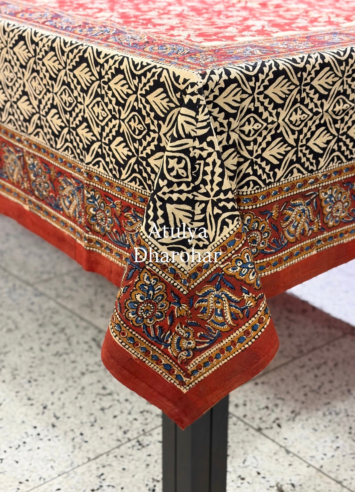 Maroon and Black Kalamkari Hand Block Dining Table Cover