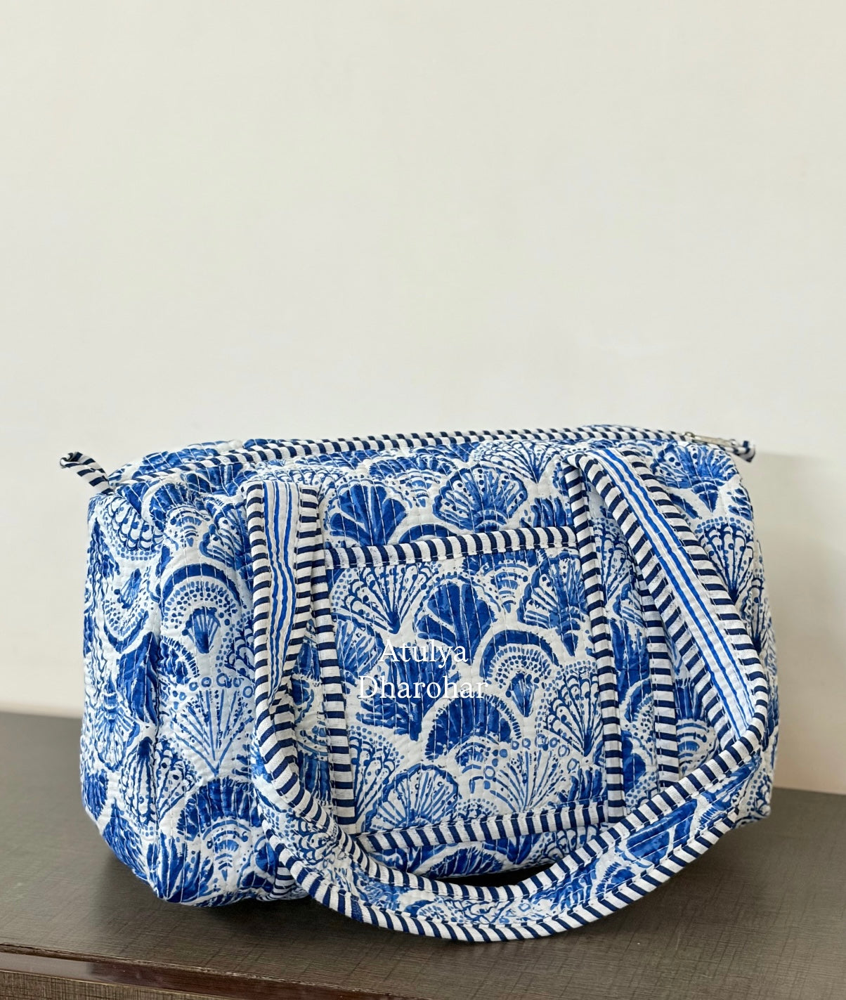 Blue Floral Quilted Mini Duffle Bag