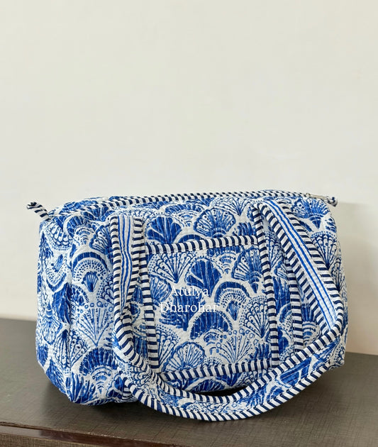 Blue Floral Quilted Mini Duffle Bag