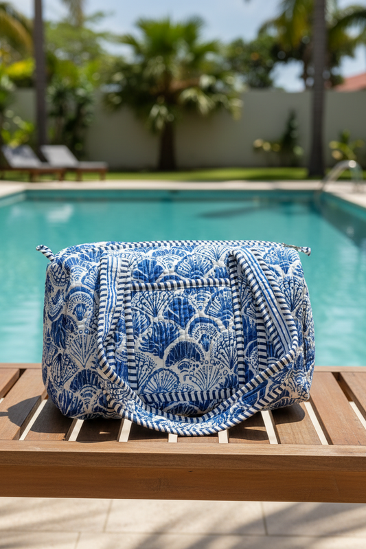 Blue Floral Quilted Mini Duffle Bag