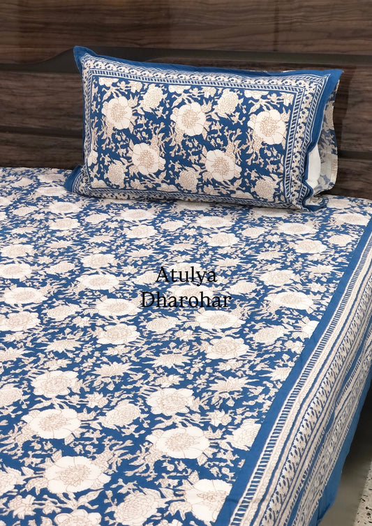 Blue Floral Jaal Cotton Super King Bedsheet