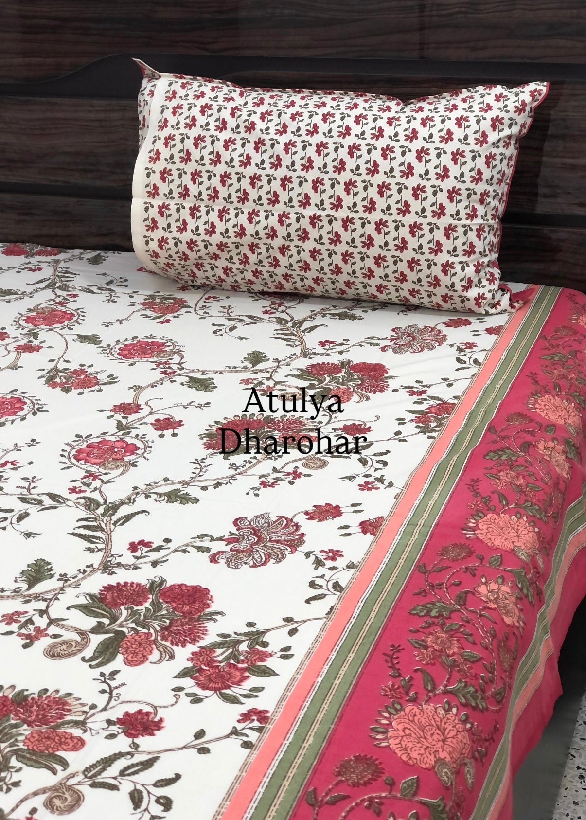 Pink and Green Floral Jaal Cotton Super King Bedsheet