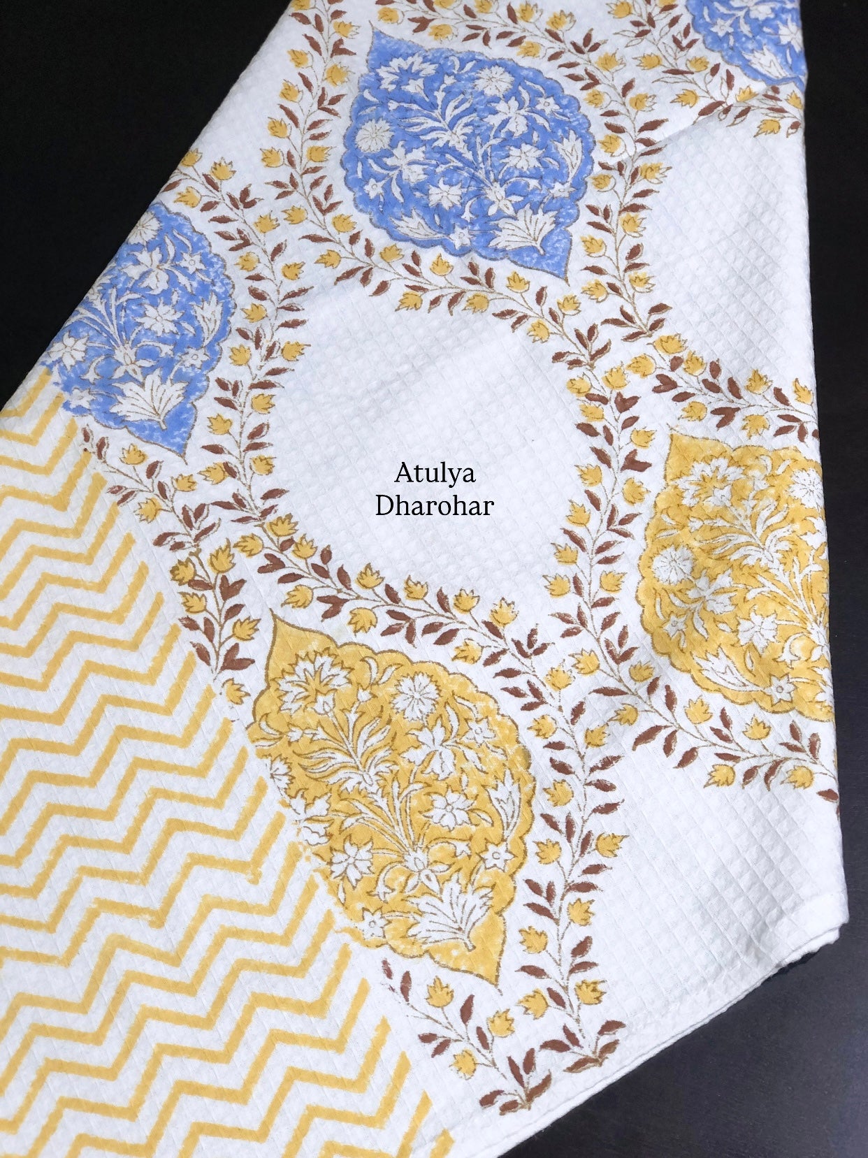 Yellow and Blue Mughal Jaal Hand Block Printed Waffle Cotton Towel