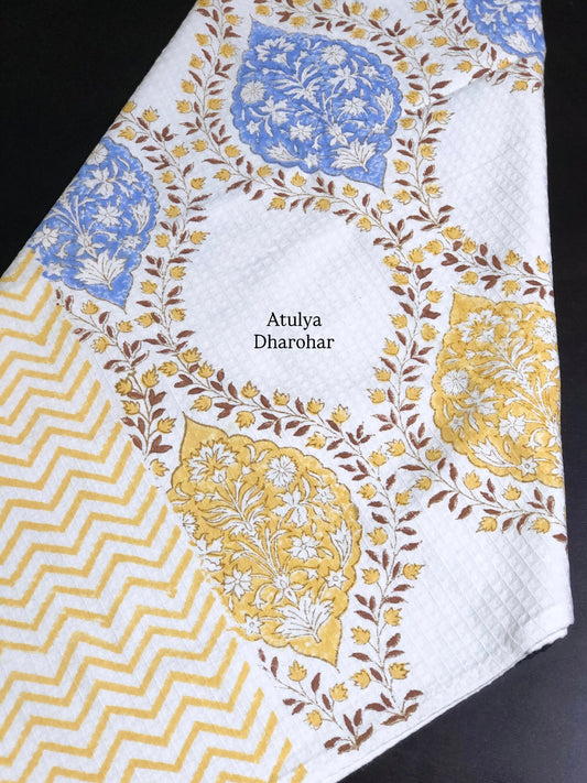 Yellow and Blue Mughal Jaal Hand Block Printed Waffle Cotton Towel