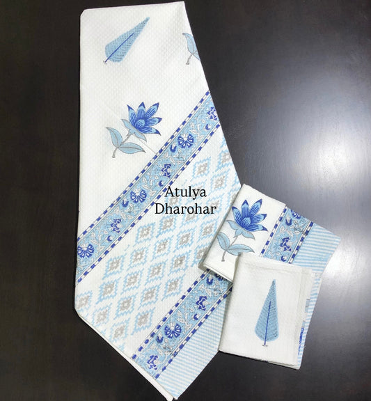 Blue Mughal Motifs Hand Block Waffle Cotton Towel Set