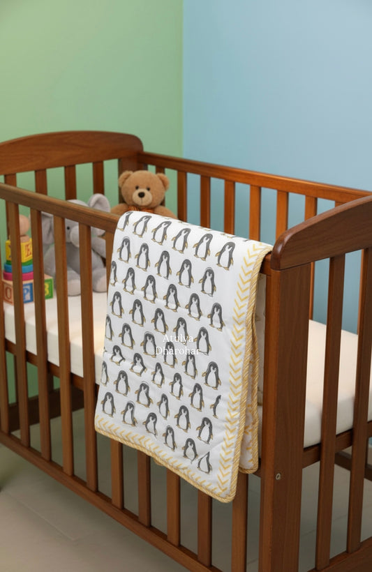 Penguin Hand Block Printed Mulmul  Baby Dohar