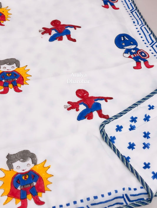 Spider-Man Superman and Caption America Superheroes Hand Block Printed Mulmul Baby Dohar