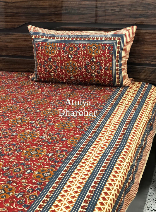 Maroon and Mustard Kalamkari Cotton King Size Bedsheet