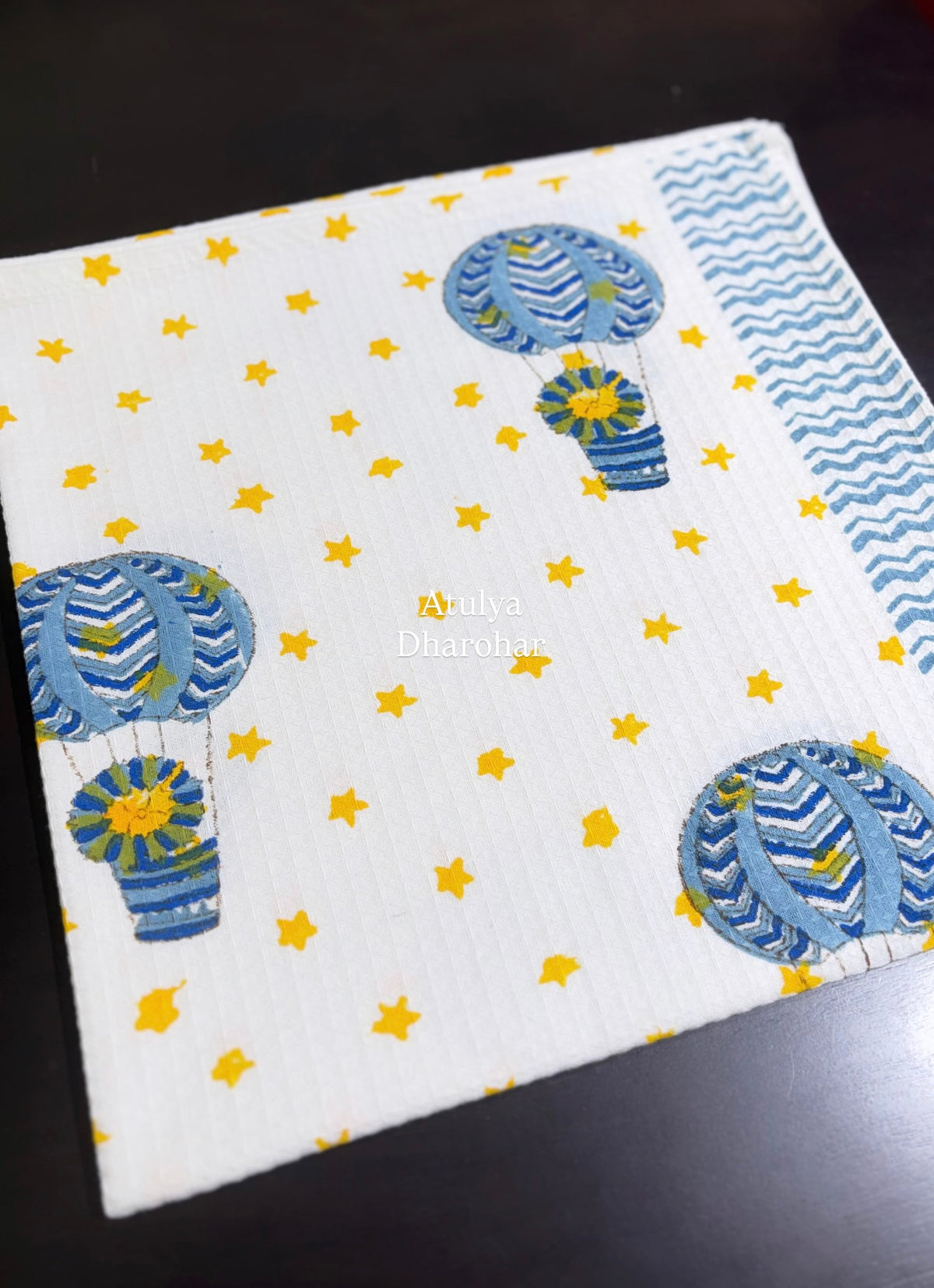 Hot Air Balloon with Stars Hand Block Printed Waffle Cotton Kids Towel