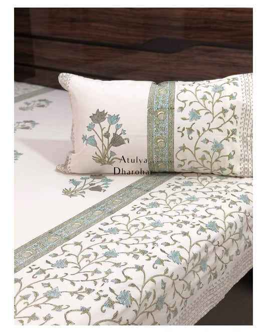 Designer Green and Turquoise Floral Hand Block Super King Bedsheet