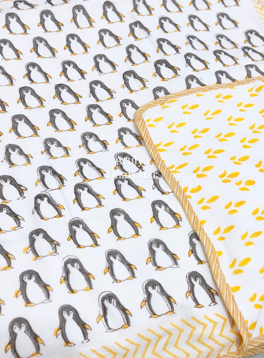 Penguin Hand Block Printed Mulmul  Baby Dohar