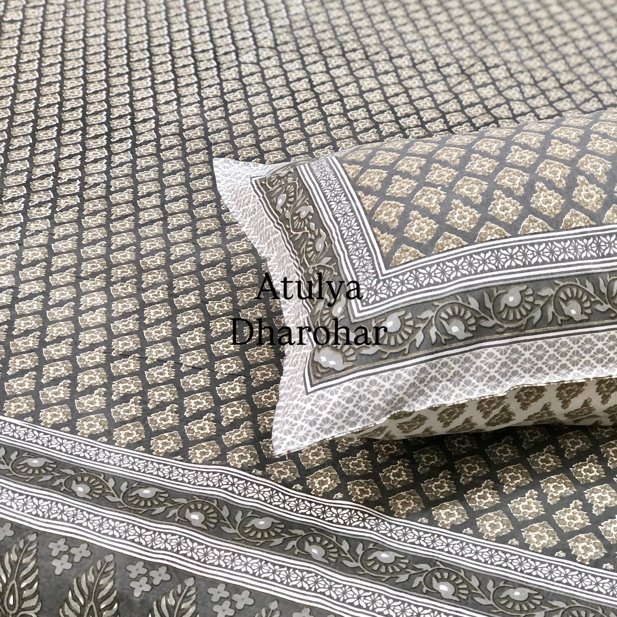 Grey Floral Motifs Cotton Super King Bedsheet
