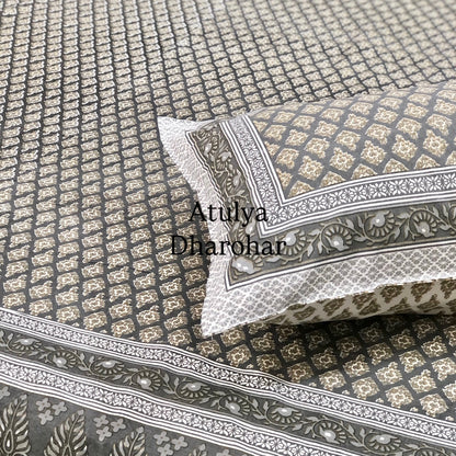 Grey Floral Motifs Cotton Super King Bedsheet