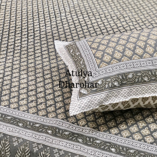 Grey Floral Motifs Cotton Super King Bedsheet