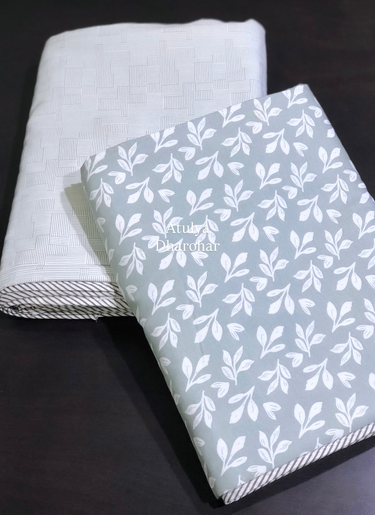 Grey Leafy Motifs Cambric Cotton Single Dohar Pair