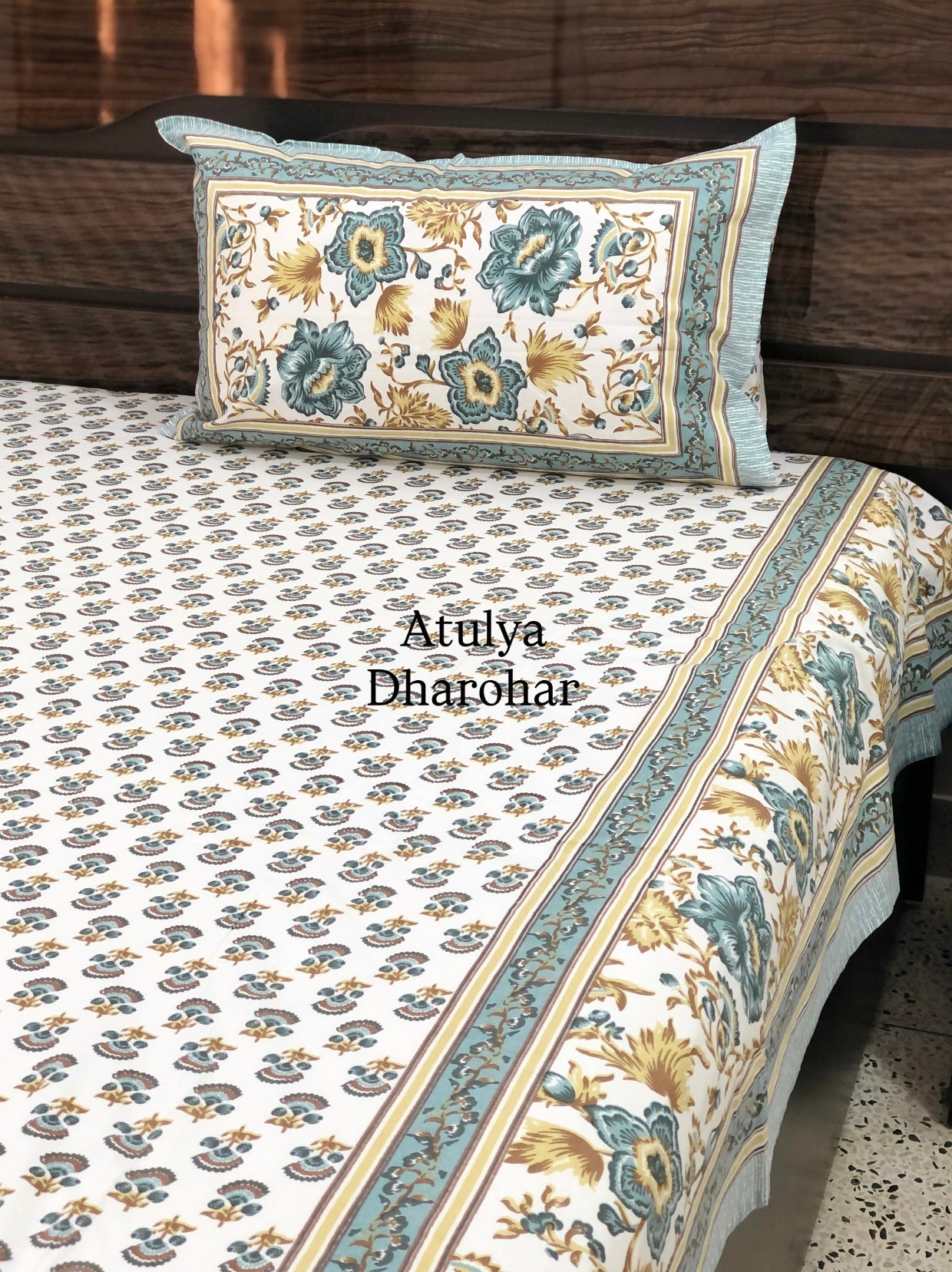 Turquoise and Yellow Floral Jaal Super King Cotton Bedsheet