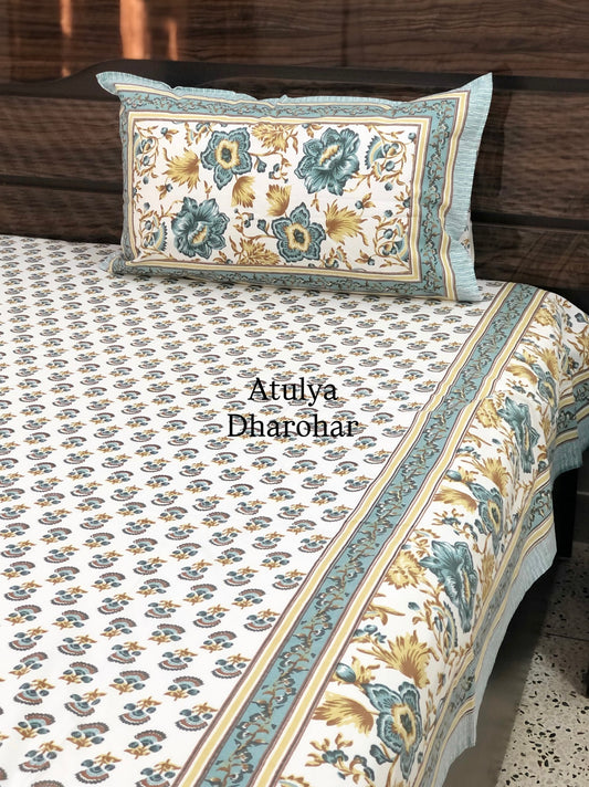 Turquoise and Yellow Floral Jaal Super King Cotton Bedsheet