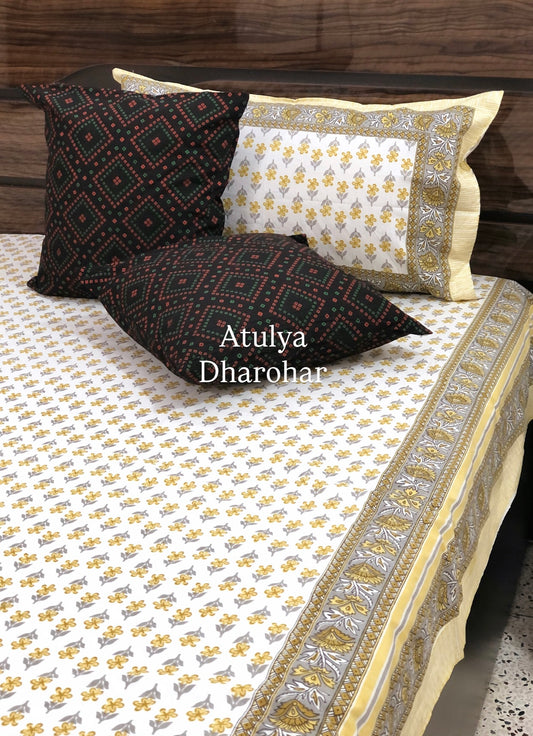 Yellow Floral Motifs Cotton King Size Bedsheet
