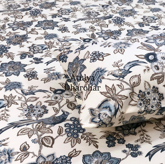 Blue Bird Floral Jaal Cotton King Size Bedsheet