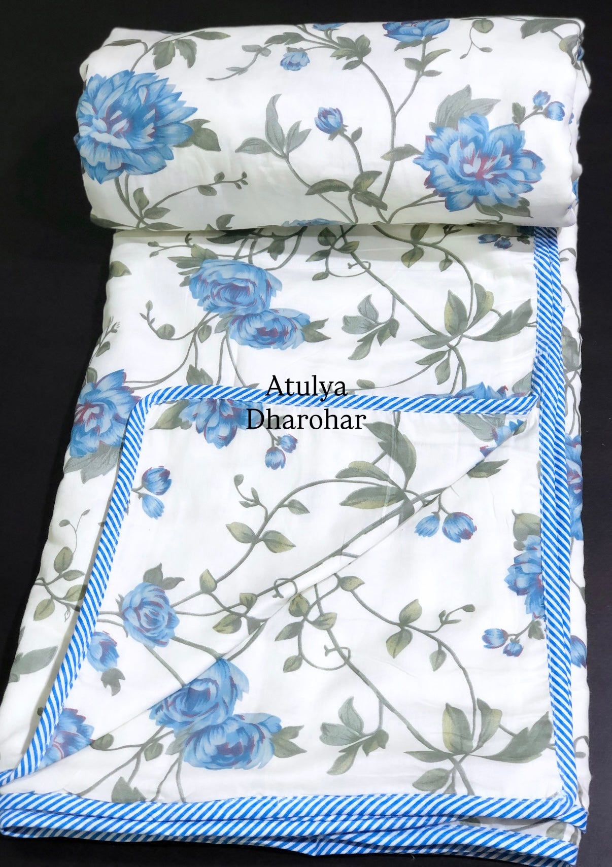 Blue Floral Mulmul Double Bed Dohar