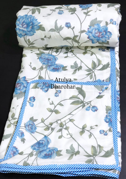 Blue Floral Mulmul Double Bed Dohar