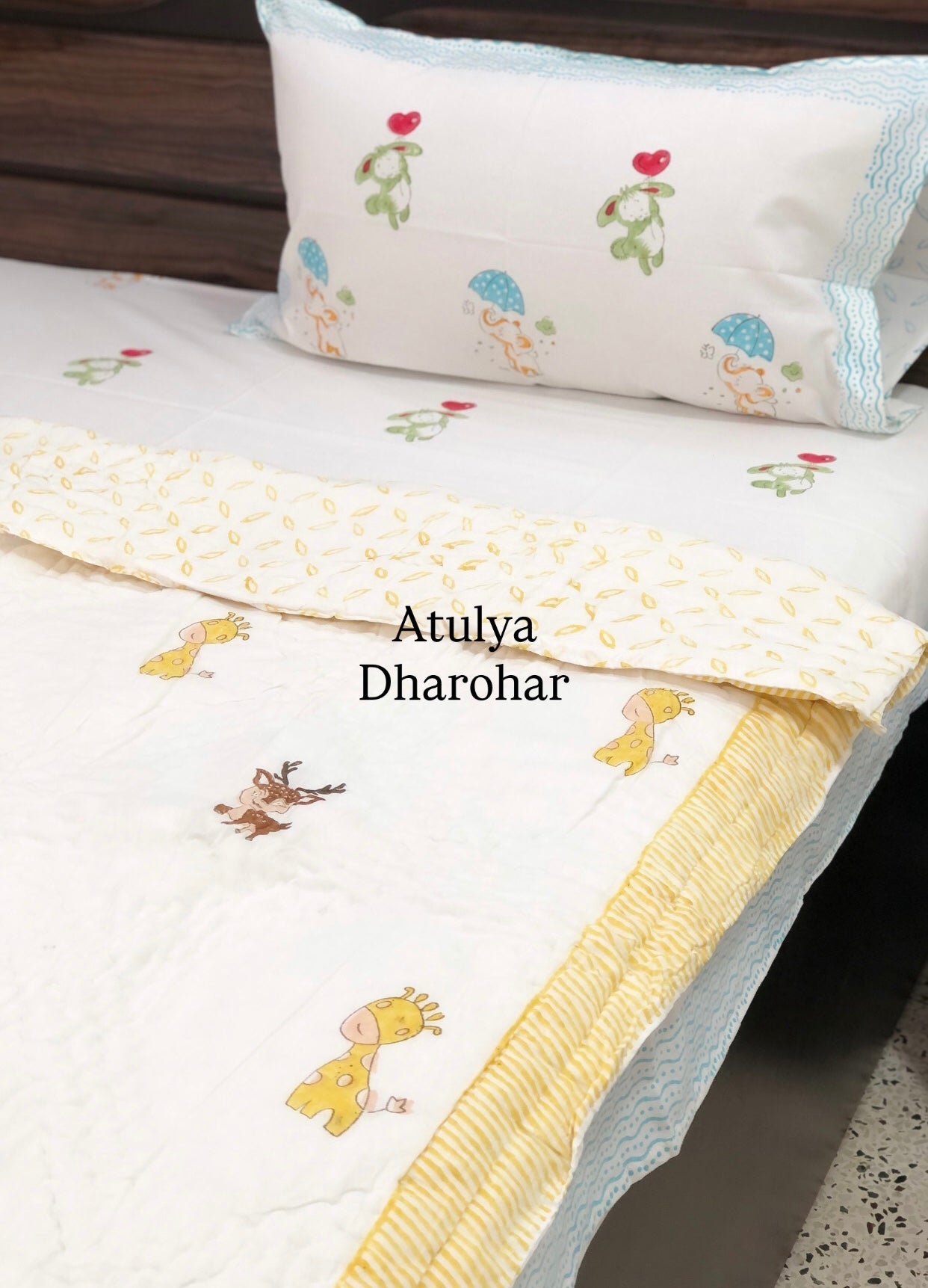 Giraffe and Deer Baby Hand Block Printed Quilt