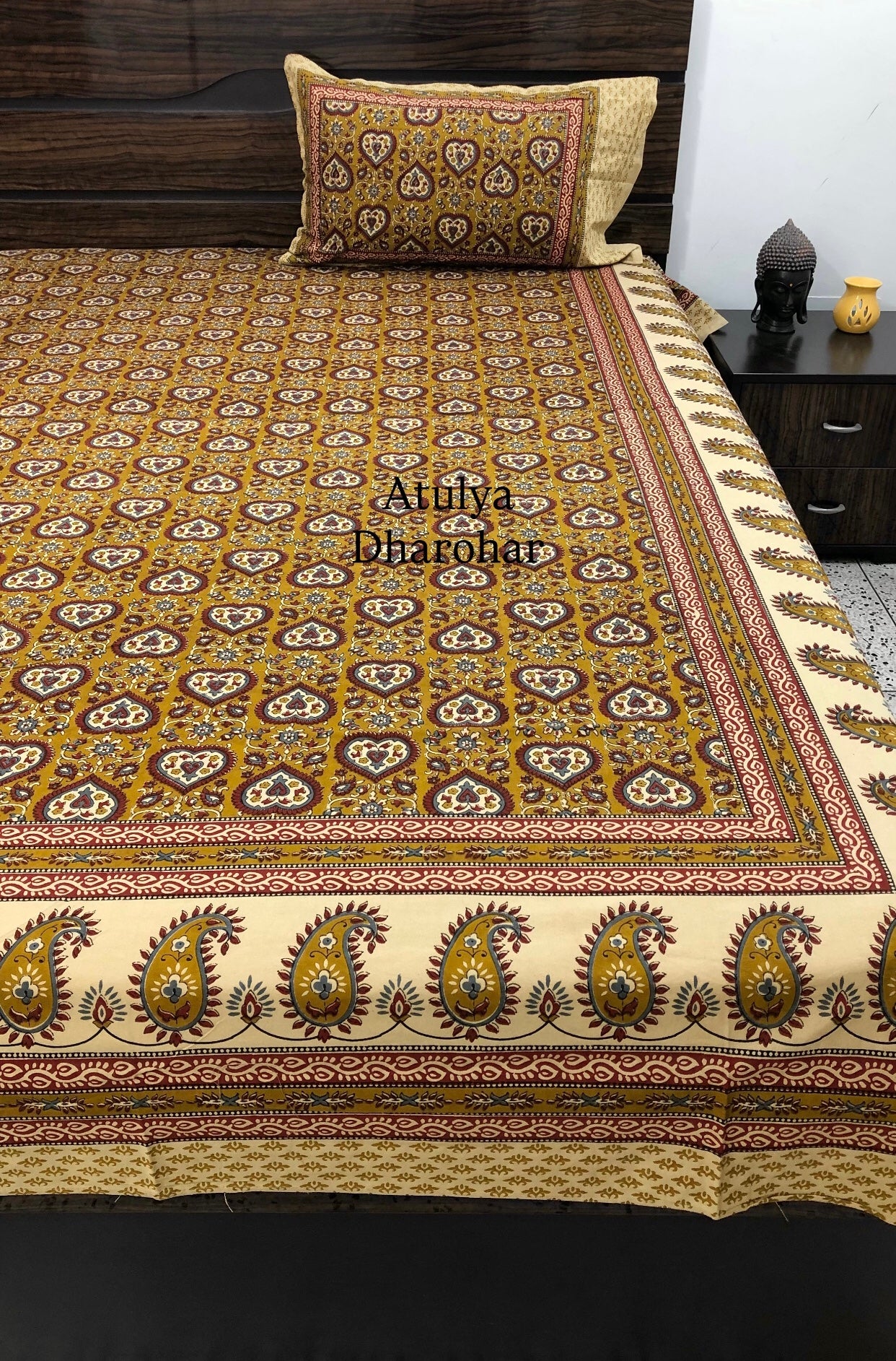 Mustard and Maroon Cotton Kalamkari Super King Bedsheet