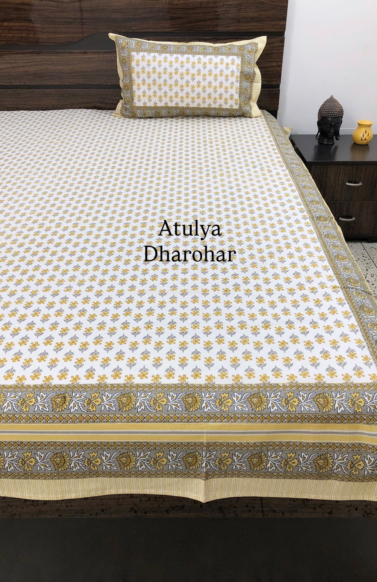 Yellow Floral Motifs Cotton King Size Bedsheet