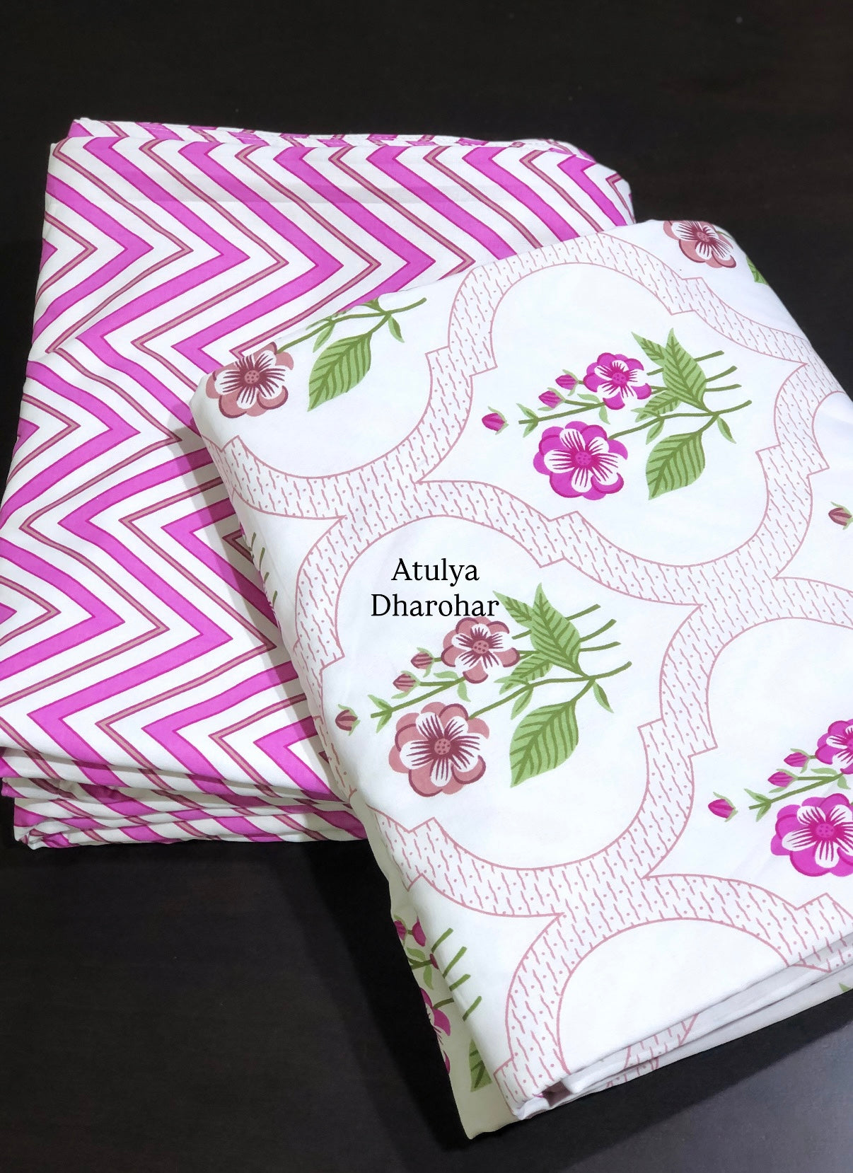 Purplish Pink and Green Floral Mughal Jaal Cambric Cotton Single Dohar Pair