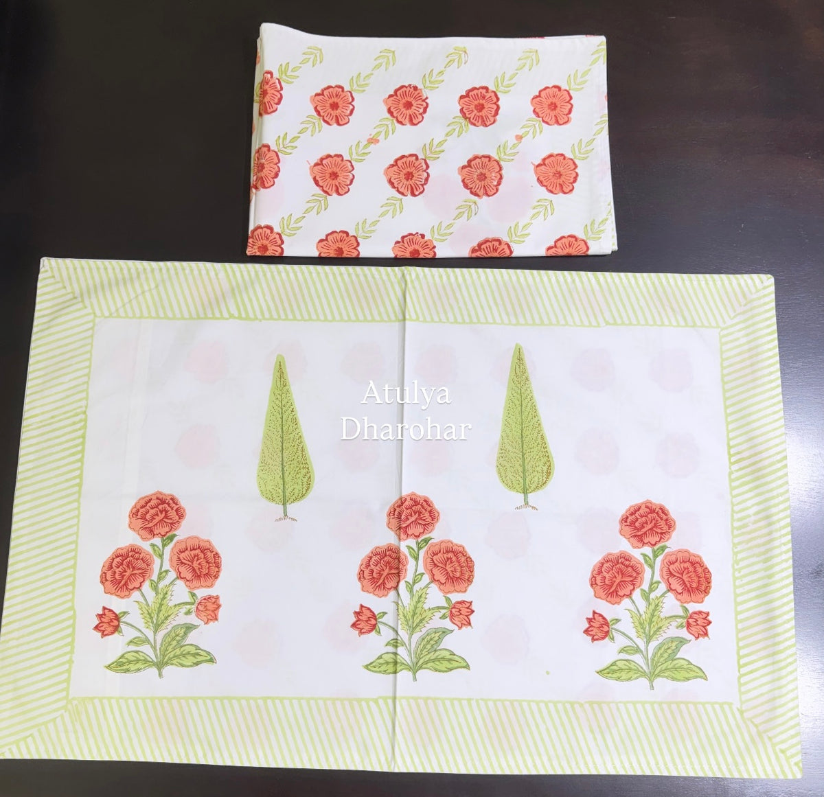 Orange and Green Floral Motifs Percale Cotton Hand Block Printed Super King Bedsheet