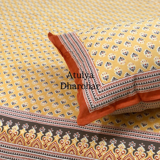 Yellow Butti Cotton King Size Bedsheet