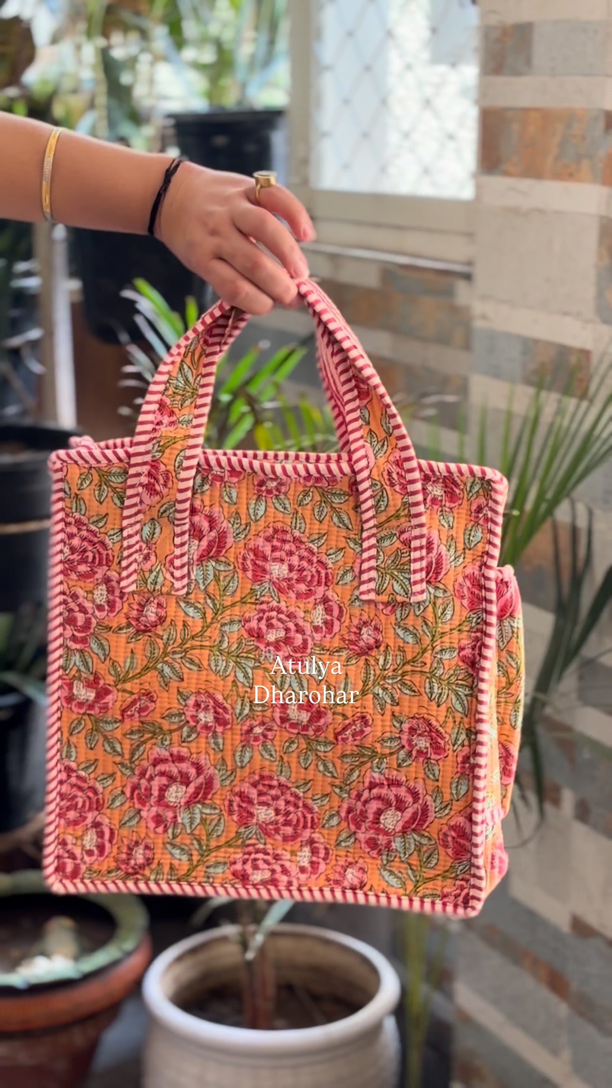 Peach and Pink Floral Mini Tote Bag with Zip