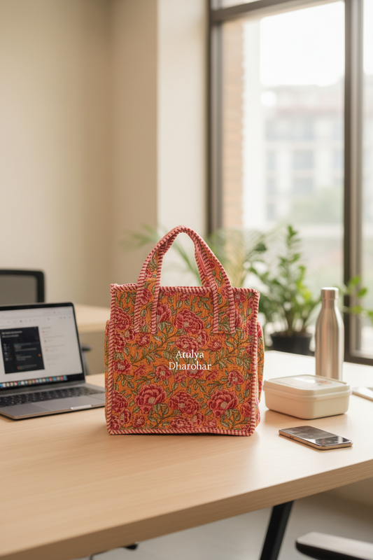 Peach and Pink Floral Mini Tote Bag with Zip