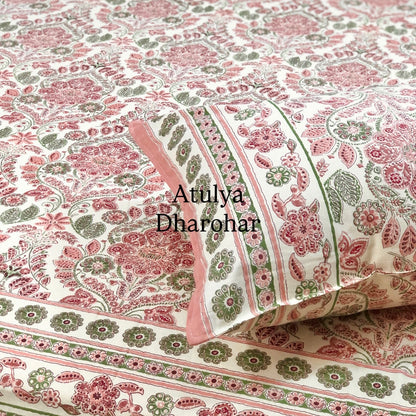 Pink and Green Mughal Jaal Cotton Super King Bedsheet