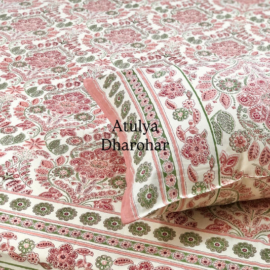 Pink and Green Mughal Jaal Cotton Super King Bedsheet