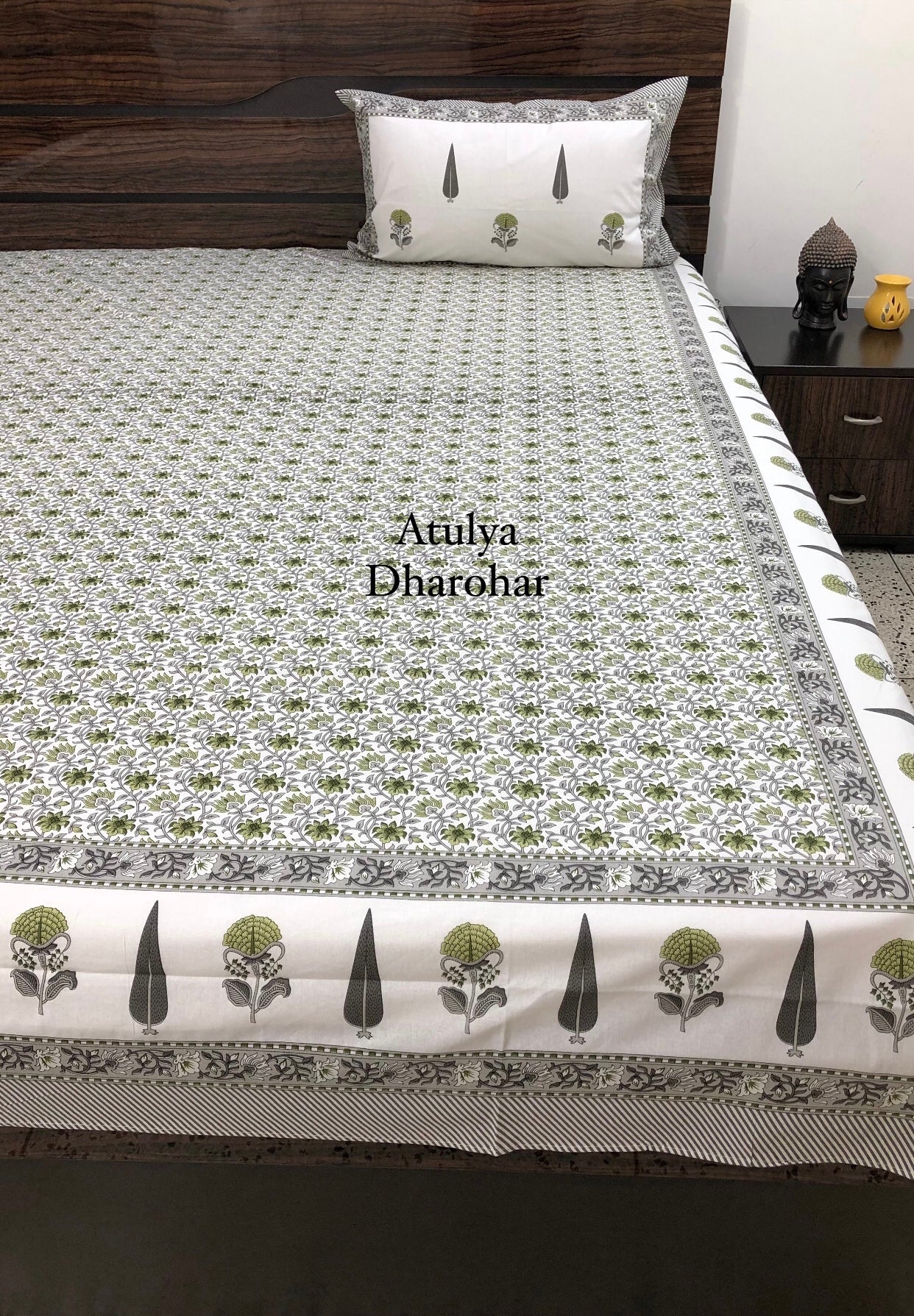 Green and Grey Floral Jaal Bedsheet
