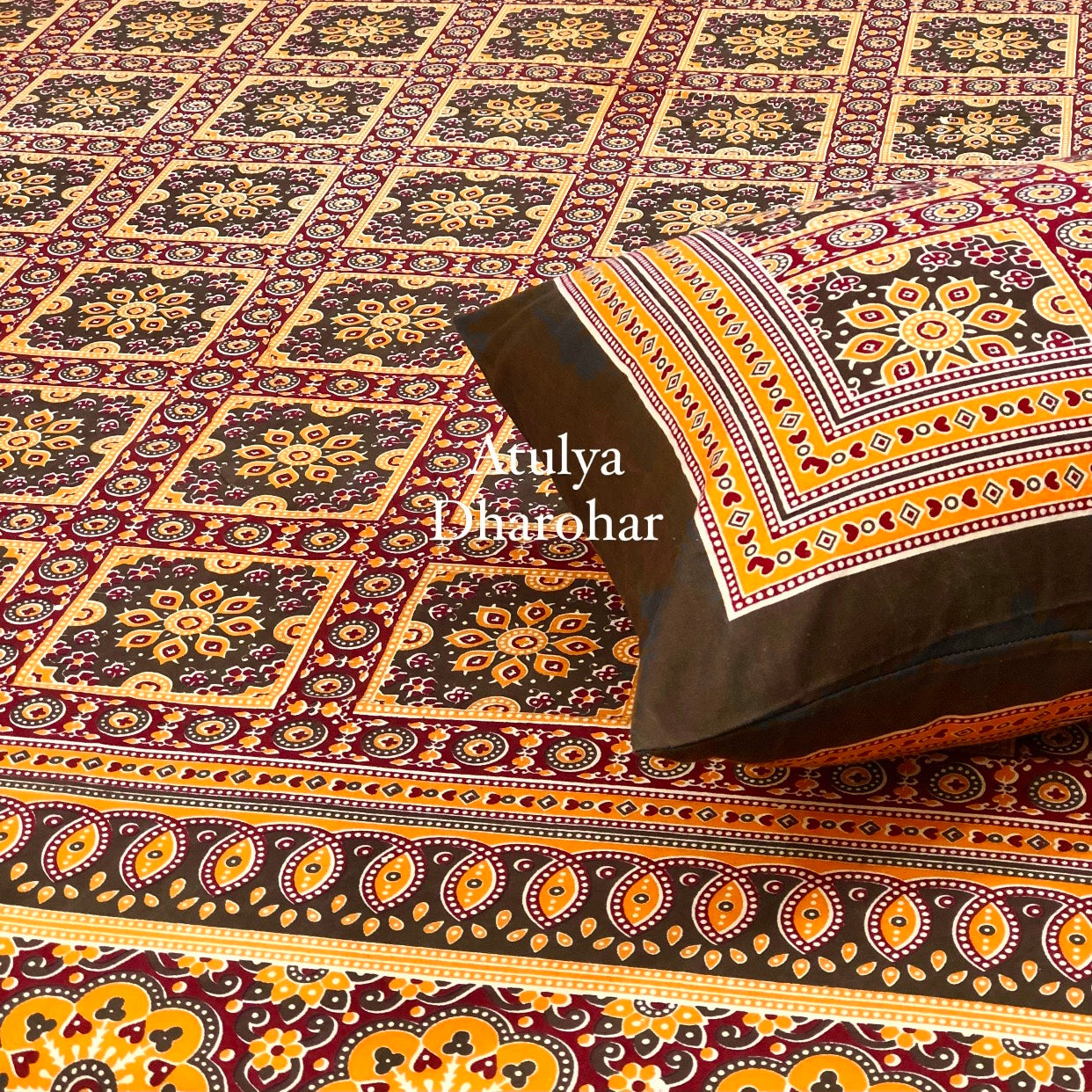 Brown Ajrakh Cotton Bedsheet