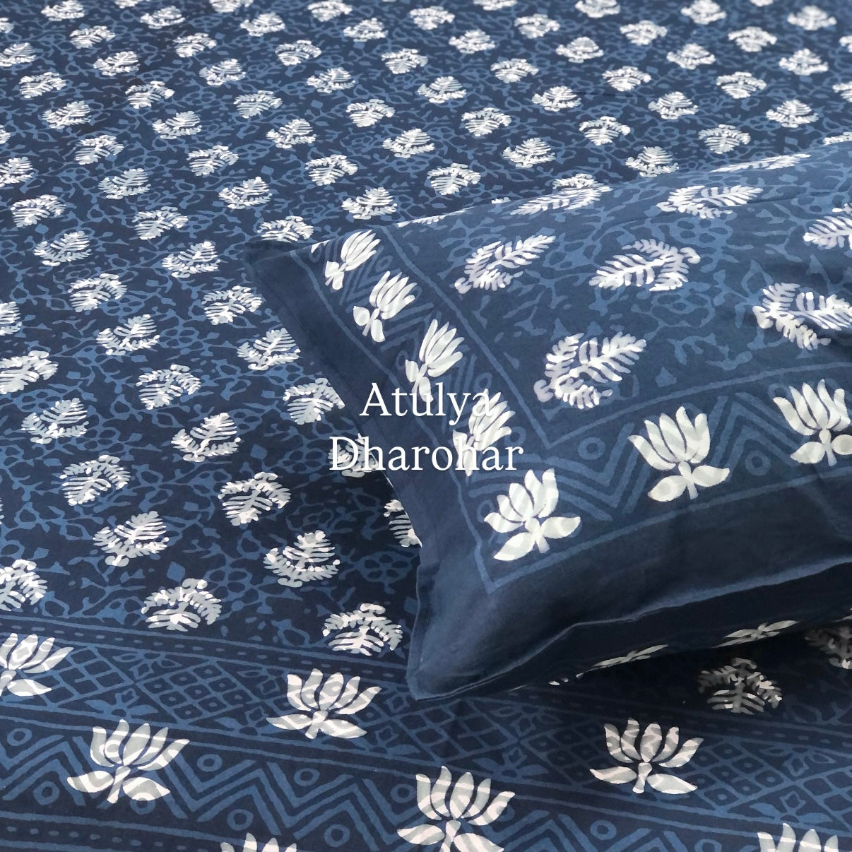 Indigo Lotus Motifs Cotton Super King Bedsheet