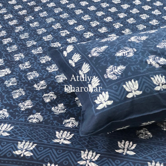 Indigo Lotus Motifs Cotton Super King Bedsheet