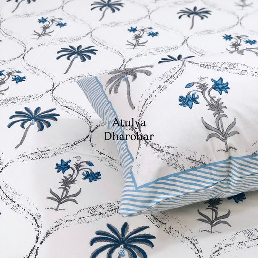 Blue and Grey Palm Tree Mughal Jaal Cotton Single Bed Bedsheet
