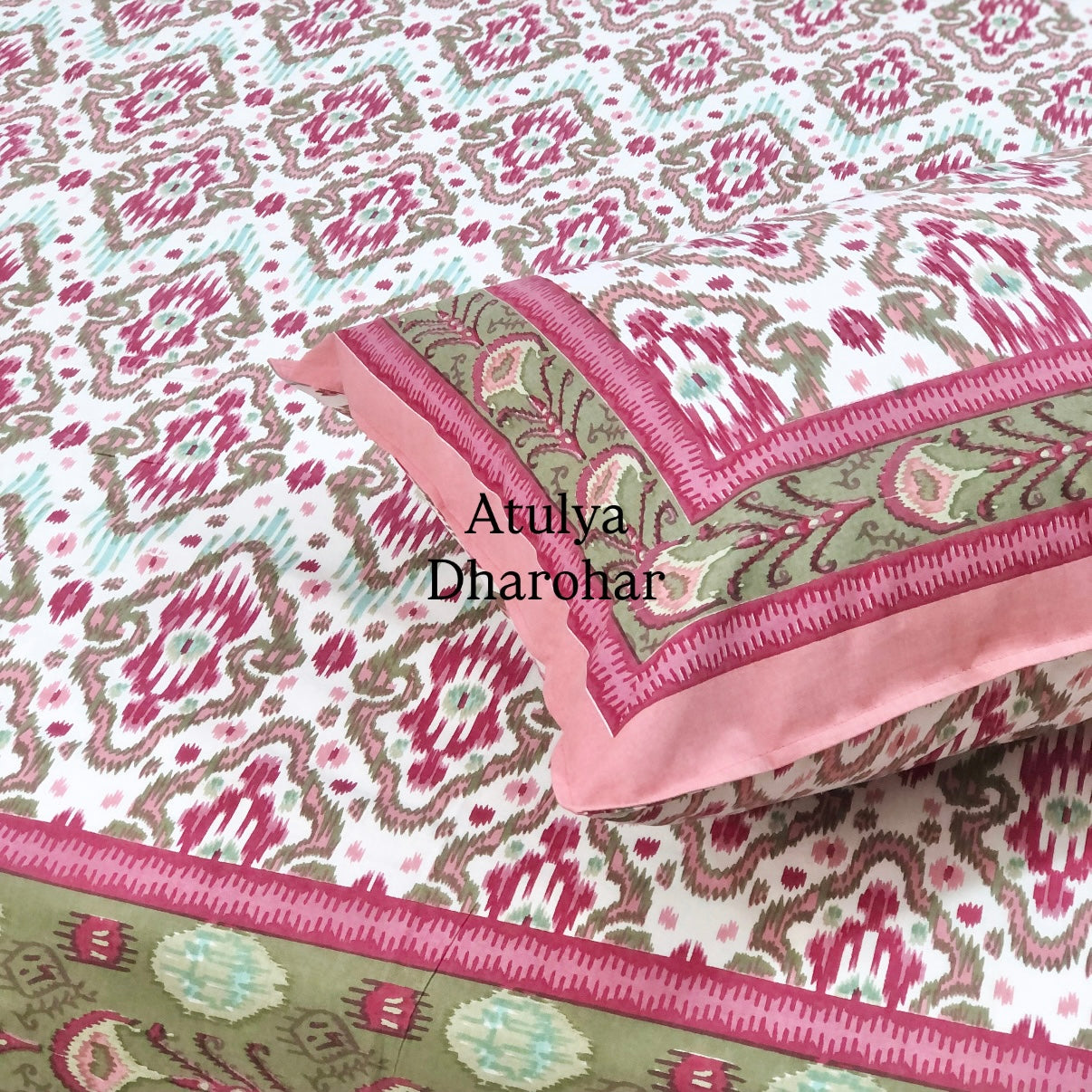 Pink and Green Ikat Cotton Super King Bedsheet