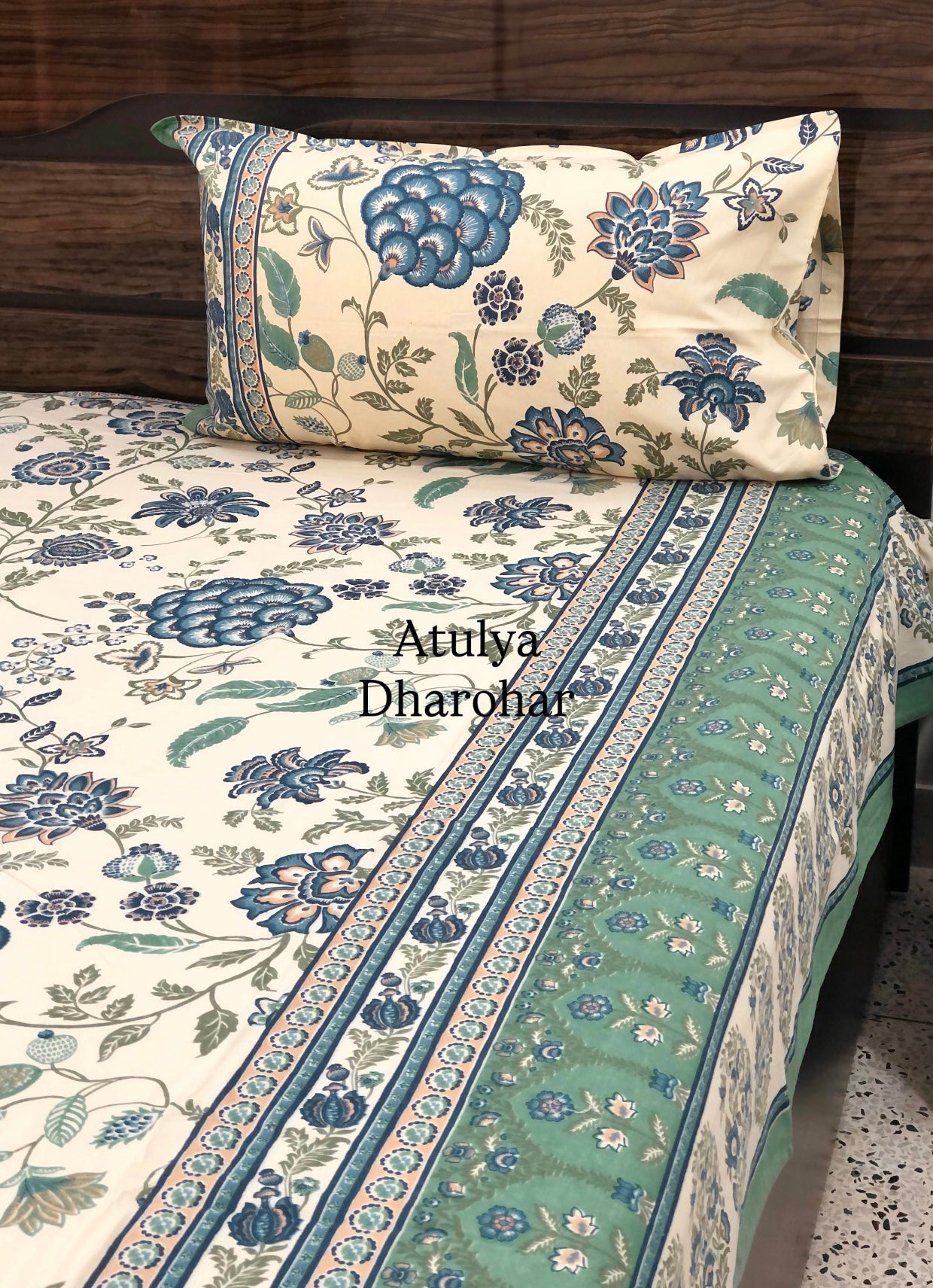 Blue and Green Floral Jaal Super King Cotton Bedsheet