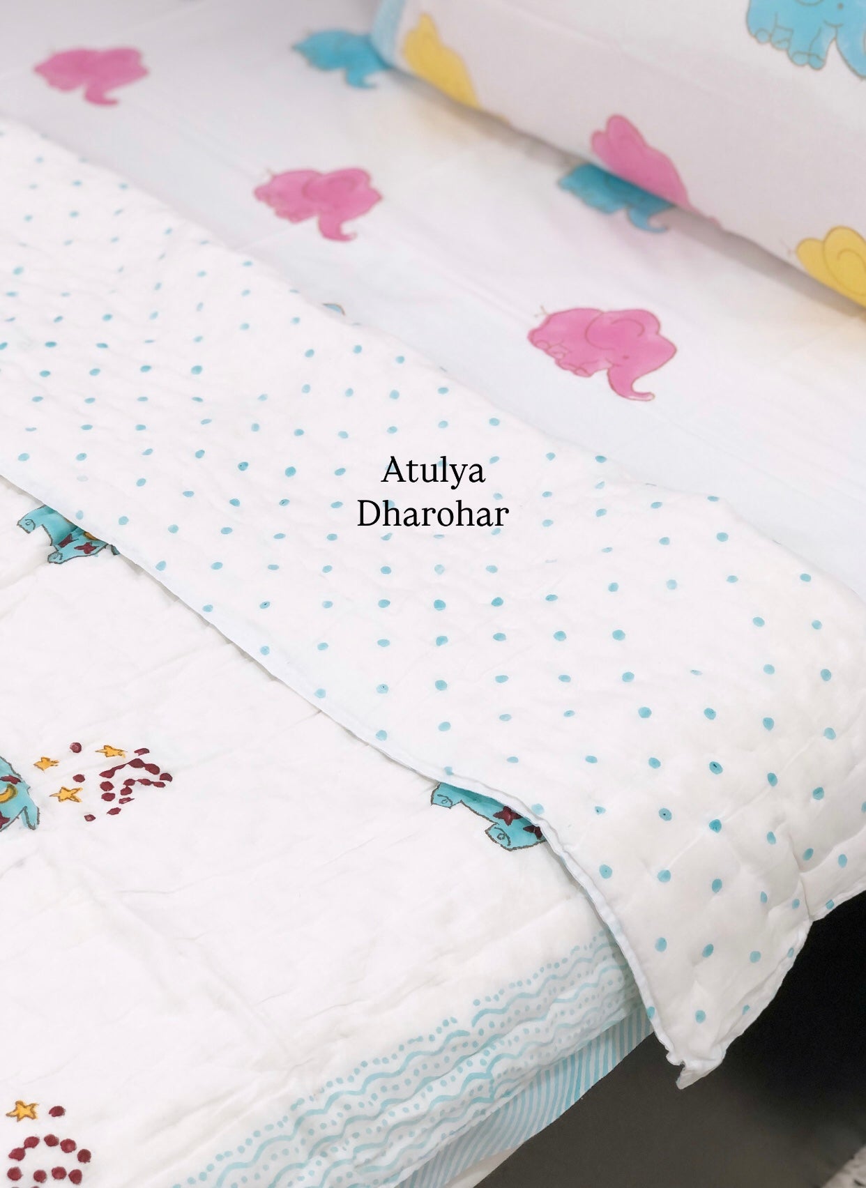 Elephant with Stars Baby Hand Block Printed Quilt