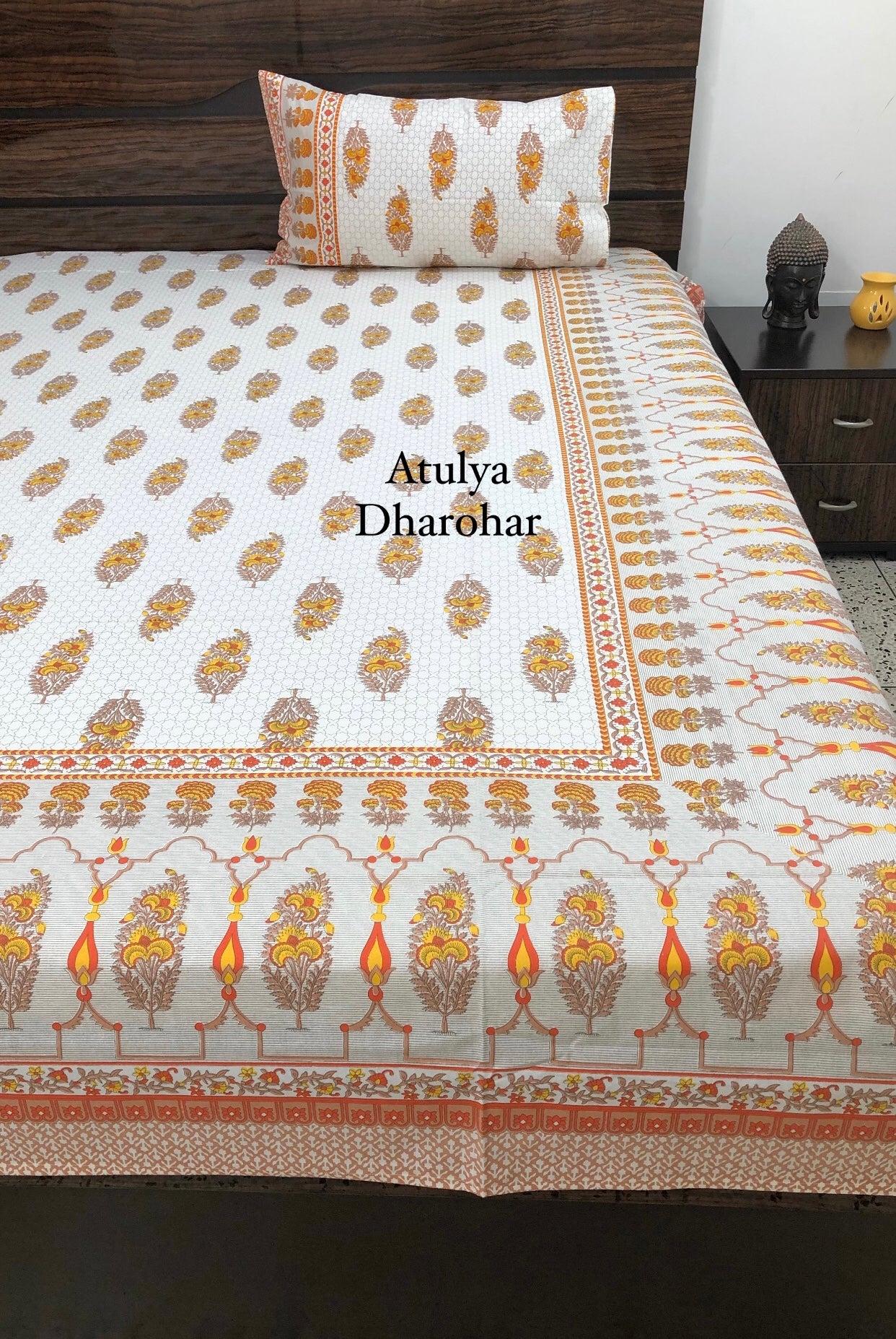 Orange and Yellow Floral Motifs Bedsheet