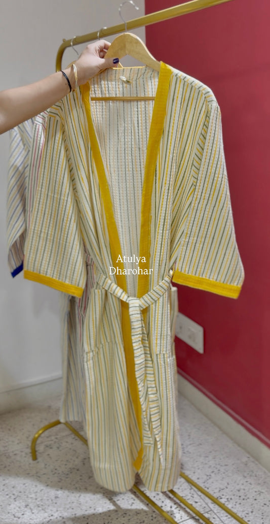 Yellow Strips Hand Block Printed Waffle Cotton Bathrobe