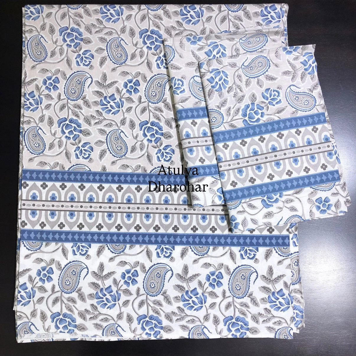 Grey and Blue Paisely Jaal Cotton King Size Bedsheet
