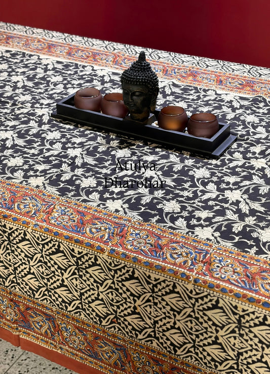 Black and Maroon Kalamkari Hand Block Dining Table Cover
