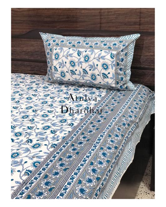 Blue and Grey Floral Jaal Cotton Bedsheet