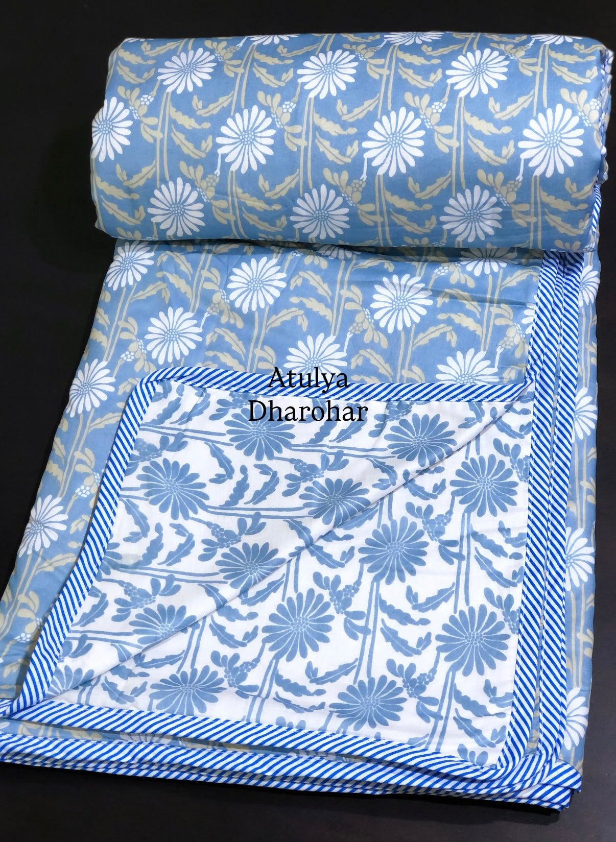 Blue Floral Jaal Mulmul Double Bed Dohar