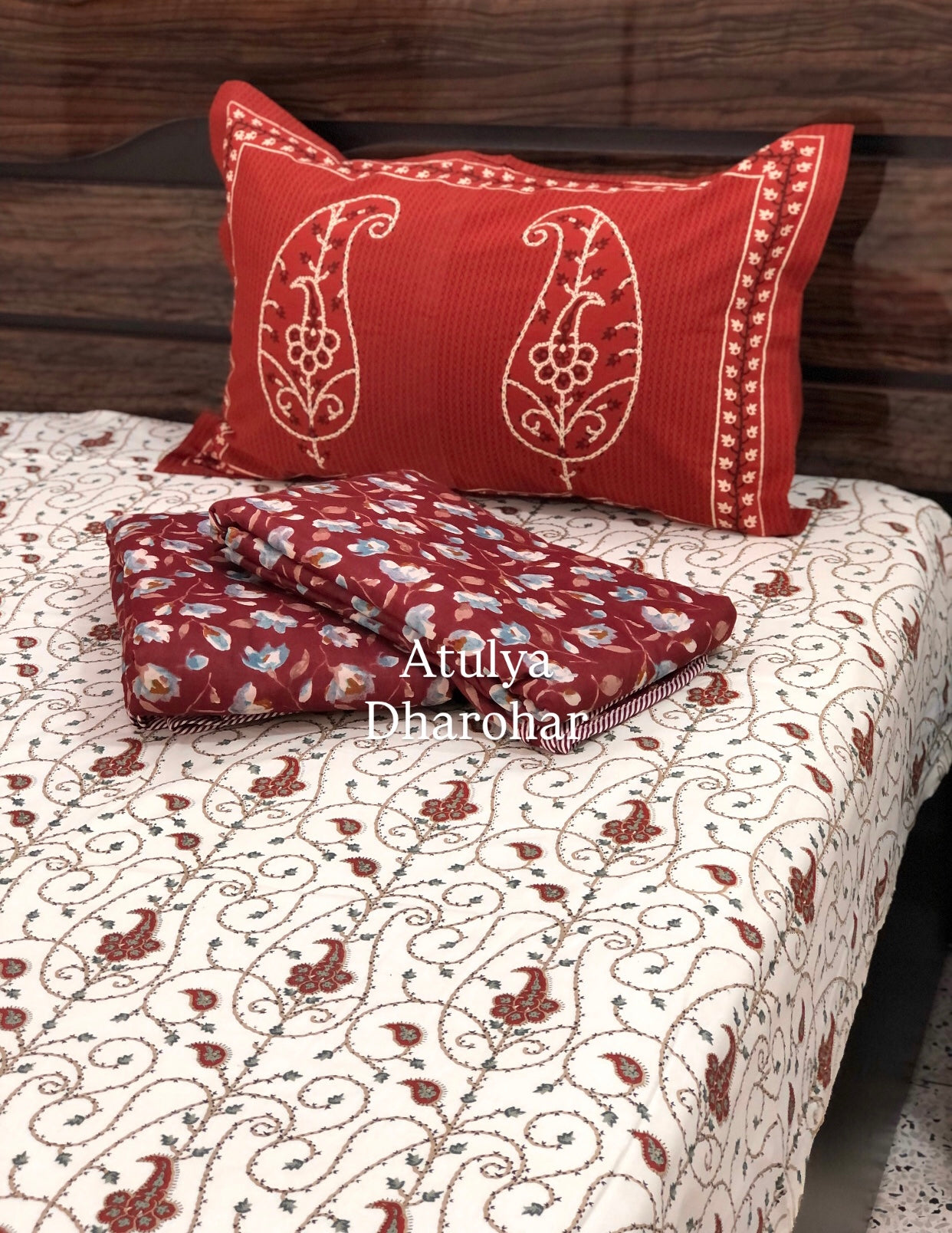 Red Floral Mulmul Single Dohar Pair